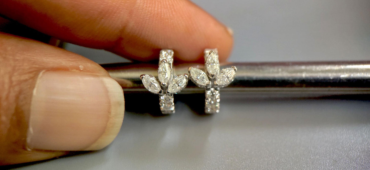 Ready to dispatch Marquise Moissanite Huggies, hoops, delicate everyday earrings for her available in 10k white gold