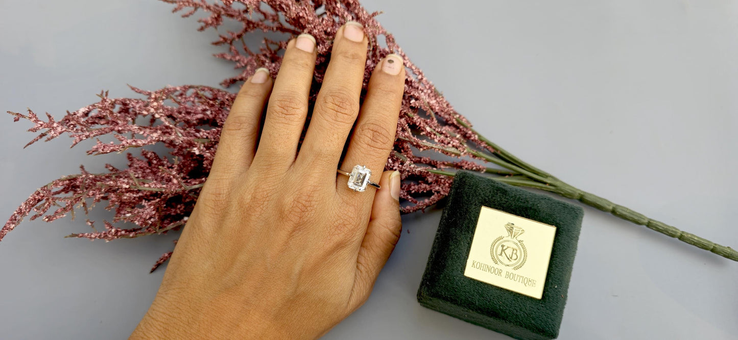 Emerald cut Moissanite Compass prong Basket set solitaire Engagement Ring for women, promise Proposal Ring, ring for her, gift for women