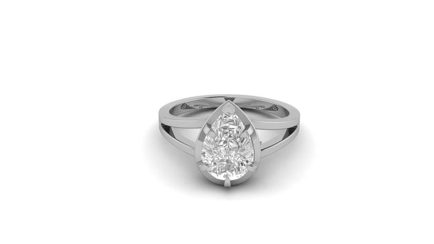 Pear-shaped Georgian cut down Collet set Split shank Moissanite Solitaire Engagement ring, low-set on the finger, low-set on the finger.