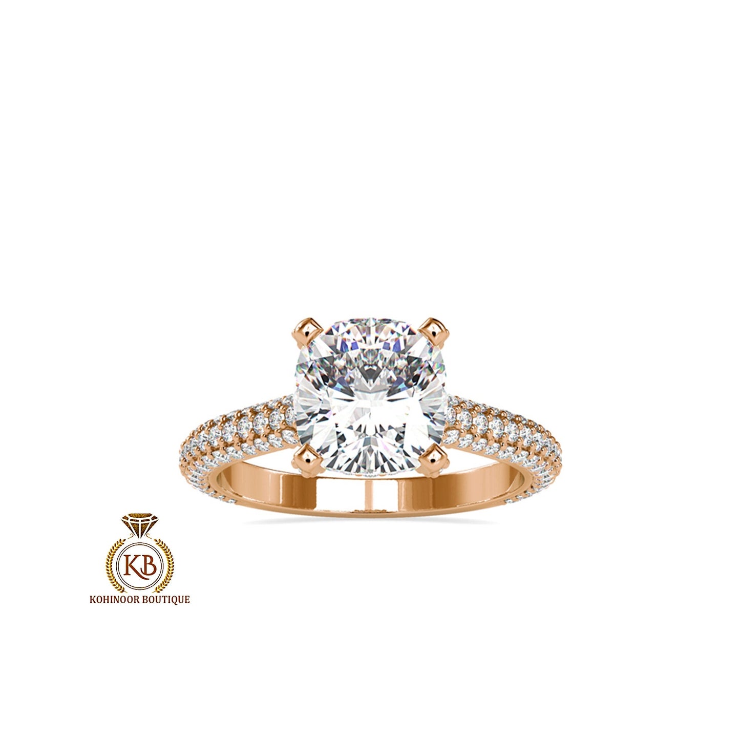 Cathedral Set Cushion Cut Moissanite with Pave Basket ,Under Halo and 3 side pave band Engagement ring, ring for women,High profile set ring