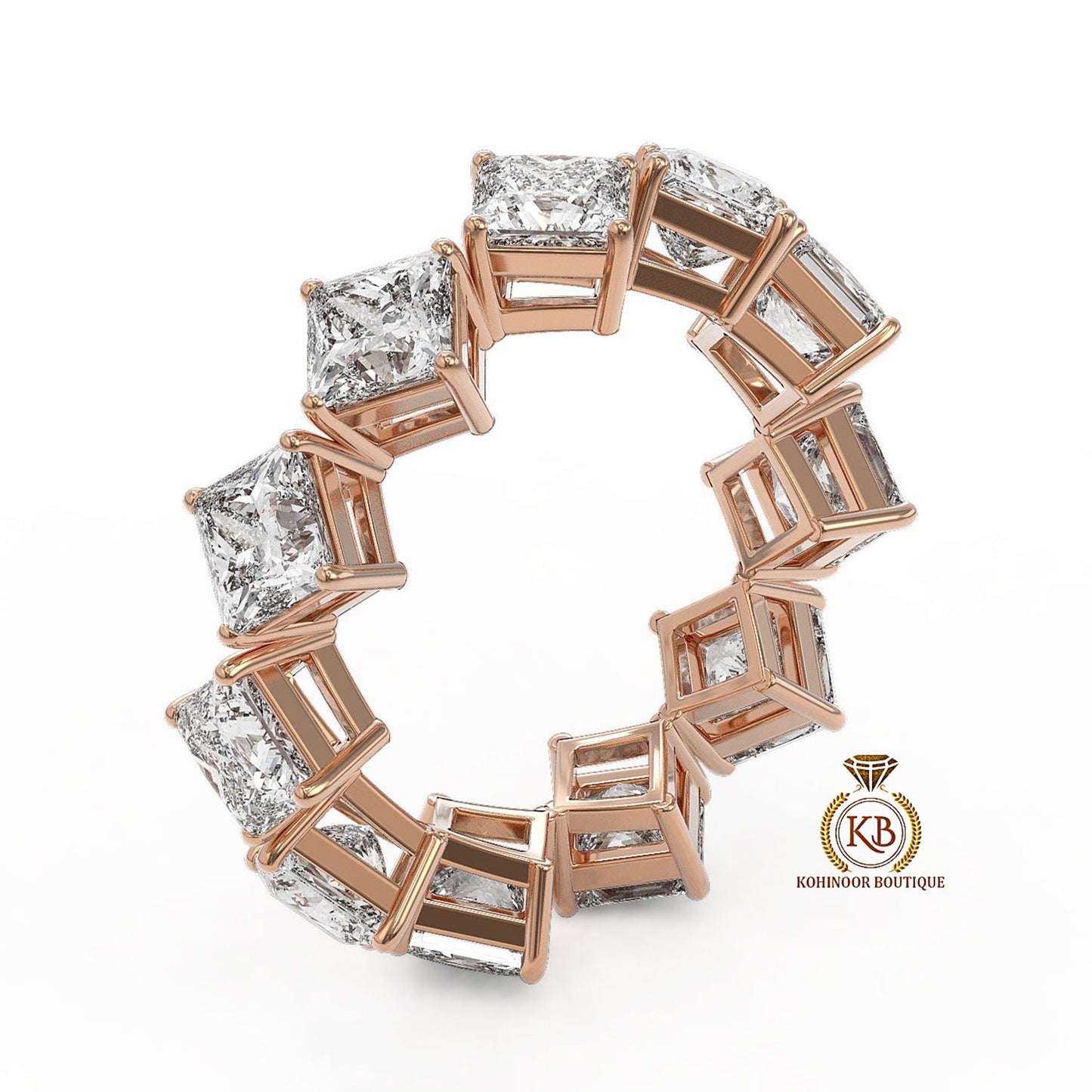 East West Kite Set Princess Cut Moissanite Diamond Half\Full Eternity wedding band, Bridal stackable ring in White\Yellow\Rose Gold