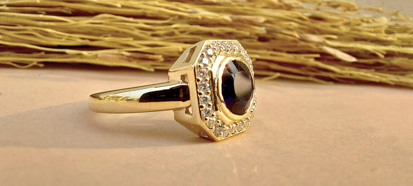 Lab Blue Sapphire with Moissanite Halo Engagement Ring, Proposal Ring, Ring for Mother, Anniversary Gift for wife