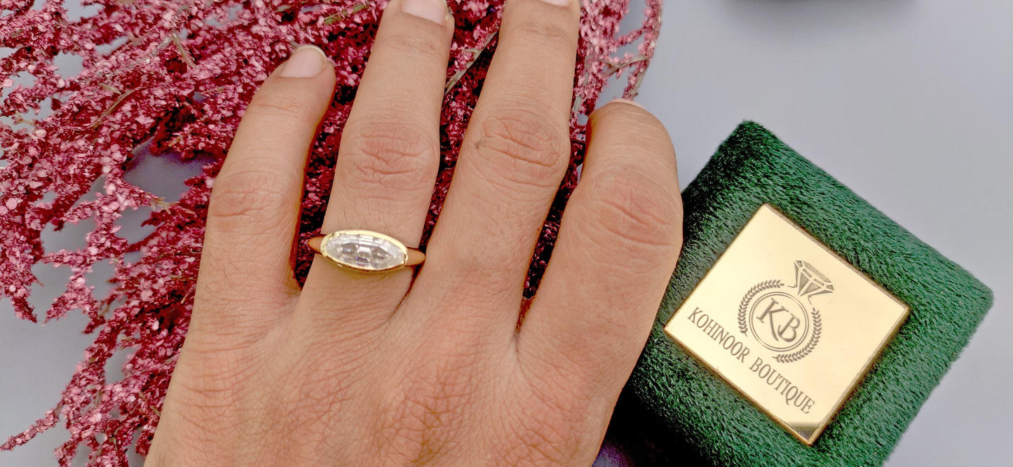 Elongated Step cut Moval Cut Moissanite Signet style ring, engagement ring ,Ring for women, ring for her, pinky finger right hand ring.