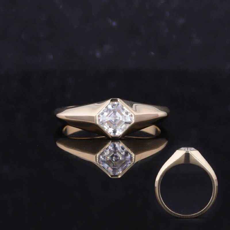 Kite set Asscher Cut Signet style ring Gypsy Set Moissanite Signet band, engagement ring , Men\Women\Unisex\Gender Neutral ring