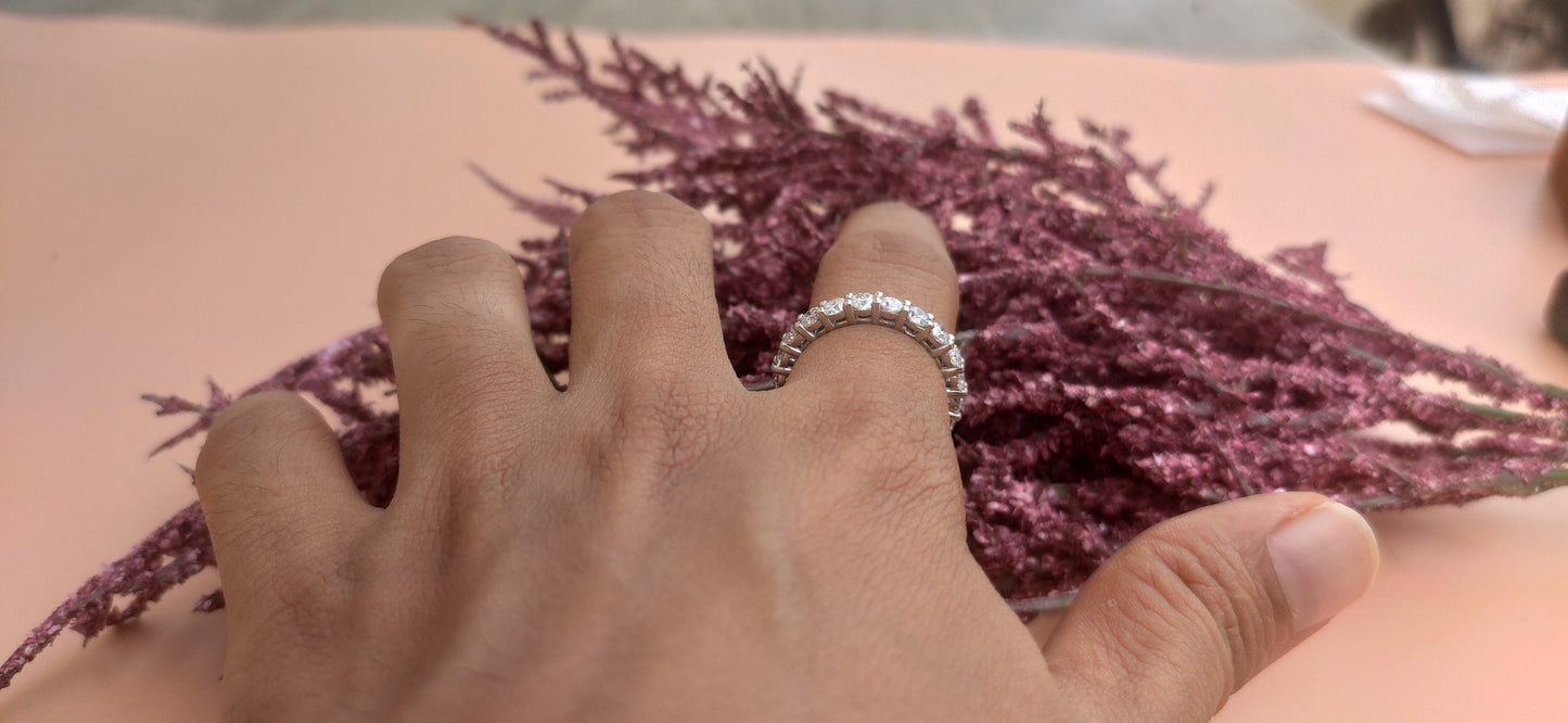 Ready to ship 3 mm Classic Round Cut Moissanite eternity band in silver Size US 6