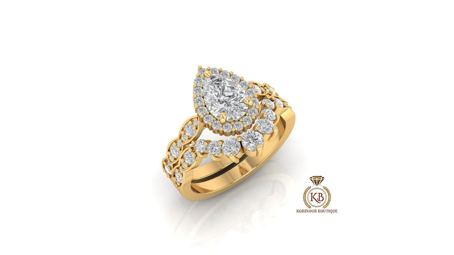 Pear Cut Halo Vintage Moissanite Engagement Ring, Wedding Bridal Set, Anniversary gift for wife, Ring for women