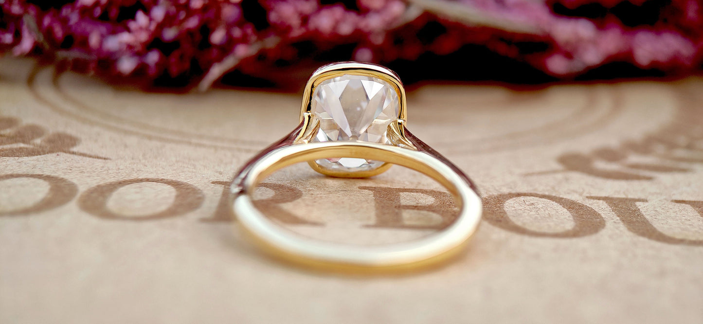 Old Mine Cut OMC Elongated Cushion Cut Moissanite invisible bezel Cathedral set Engagement Ring, Antique Bezel Set Ring, Proposal ring.