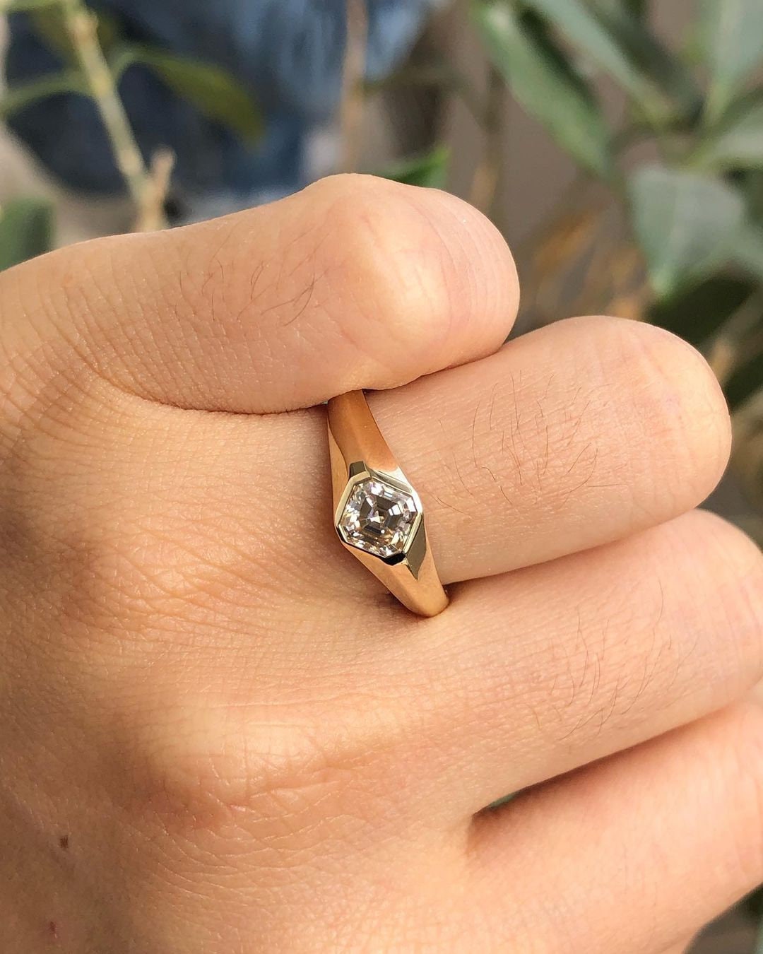 Kite set Asscher Cut Signet style ring Gypsy Set Moissanite Signet band, engagement ring , Men\Women\Unisex\Gender Neutral ring