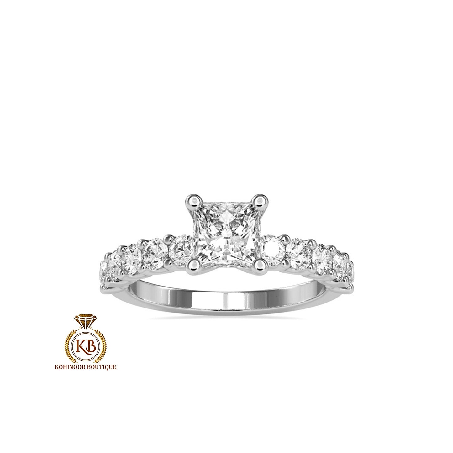 Princess Cut Solitaire with side U pave Band Moissanite Engagement ring, ring for her, gift for her