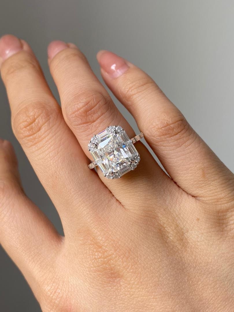 Radiant Cut Moissanite with Baguette Halo and baguette pave band Engagement Ring, ring for women, ring for her, right hand ring