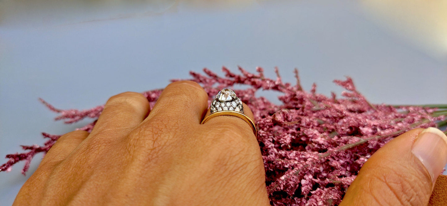 Floating Old mine cut Oval Halo set Georgian Moissanite Solitaire Engagement ring, Ring for her, right hand ring, Vintage Pave basket ring