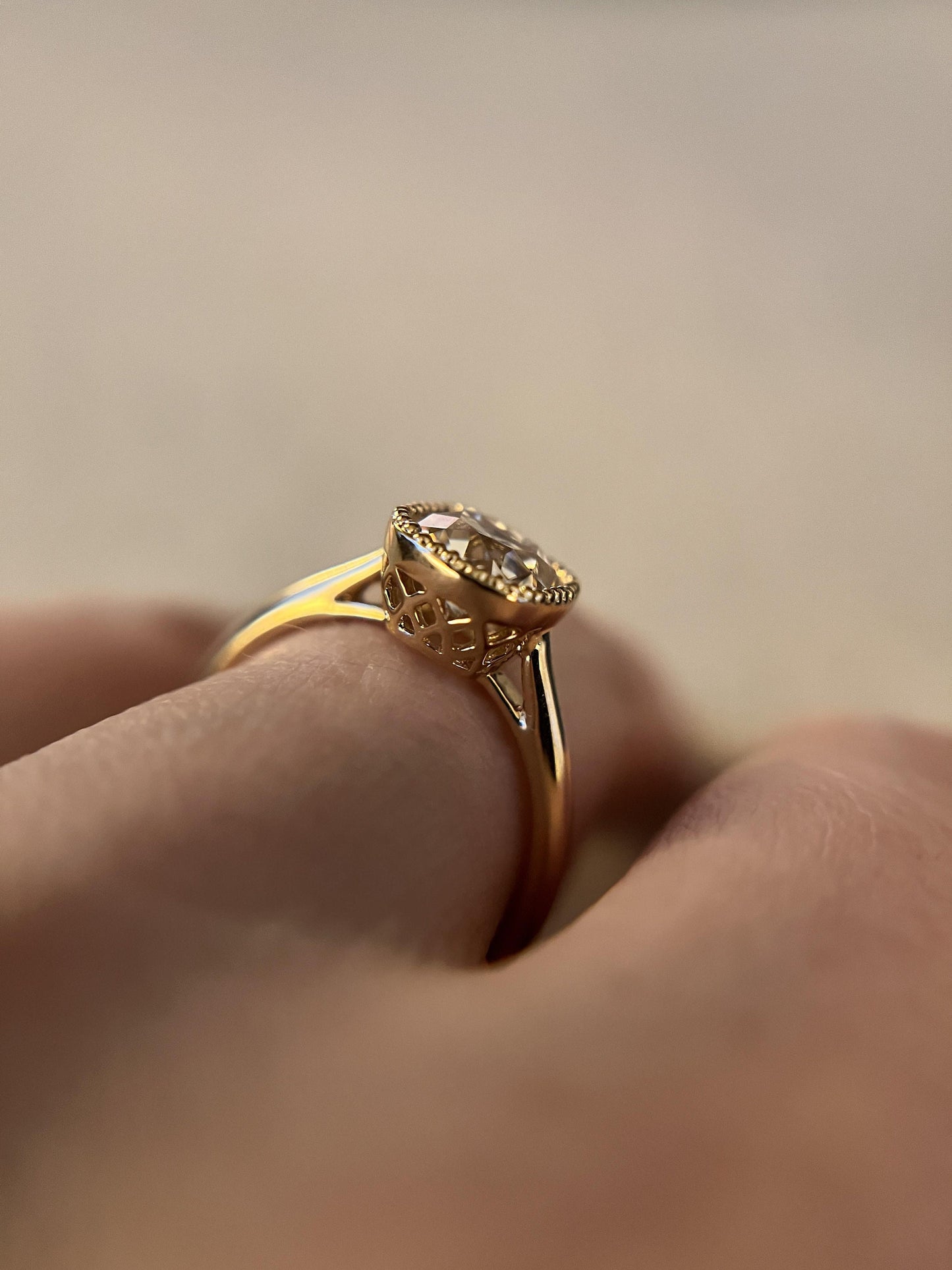 Old Mine Elongated Champagne Color Cushion Cut Milgrain Bezel with lattice setting Moissanite Engagement Ring with\without shoulders