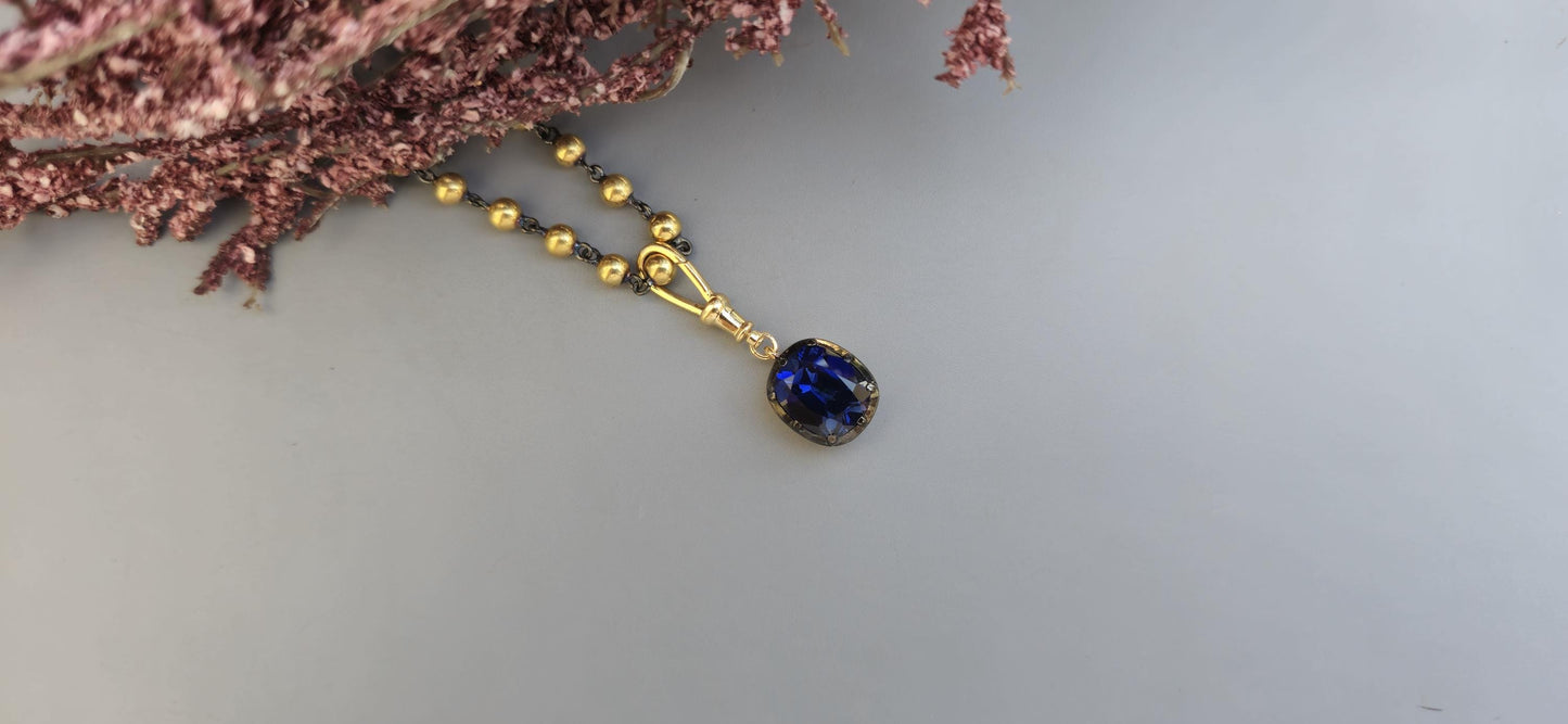 Elongated Cushion Cut Lab Blue Sapphire Pendant, Collet set Georgian cut down set Pendant without chain, Wedding Pendant