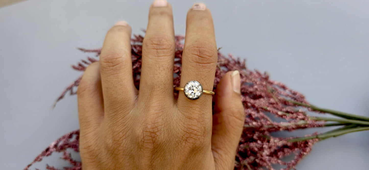 Old European Cut OEC Round Button Back Georgian Cut Down Set blackened gold Moissanite Solitaire Engagement ring