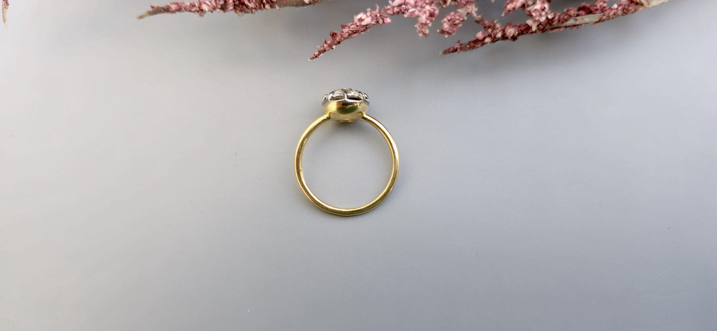 Old European Cut OEC Round Button Back Georgian Cut Down Set blackened gold Moissanite Solitaire Engagement ring