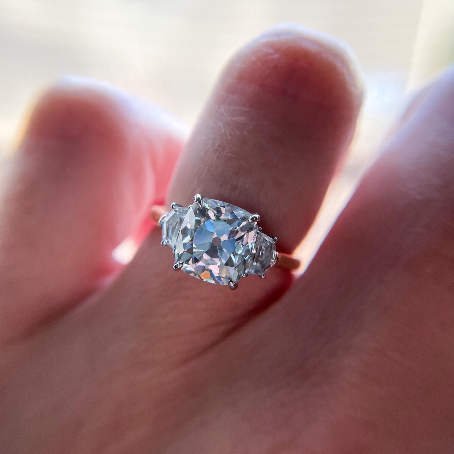 Old mine cut OMC Cushion and Cadillac cut 3 stone Moissanite Engagement Ring, Wedding anniversary gift for wife