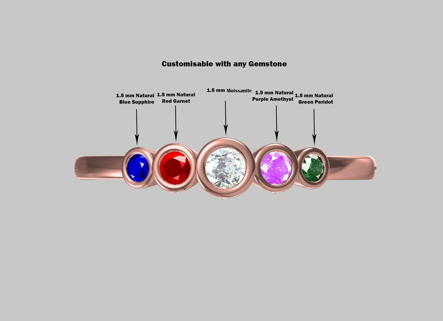 Five gemstone band with center moissanite stone, Promise or Wedding ring alternative, 5 stone Anniversary Band, Minimalist Stackable band