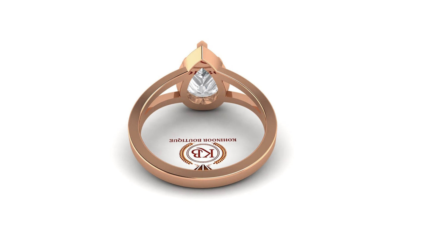 Pear-shaped Georgian cut down Collet set Split shank Moissanite Solitaire Engagement ring, low-set on the finger, low-set on the finger.