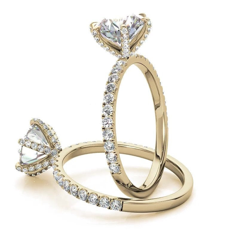 Pave basket Round  with U prong Pave Band Moissanite Solitaire Engagement Ring, Promise Proposal ring, Ring for her, Gift for her.