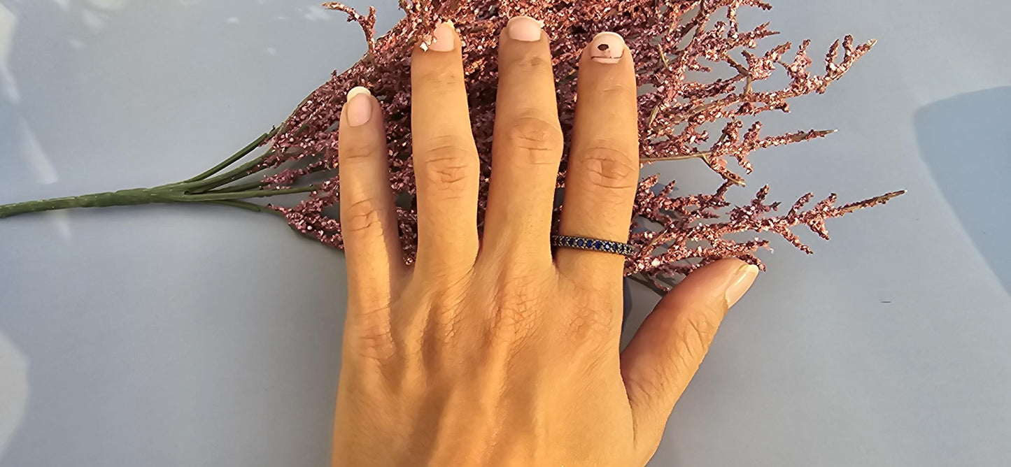 Lab grown Blue Sapphire Georgian Cut-Down Blackened Gold eternity band, also available in half eternity, wedding band for women