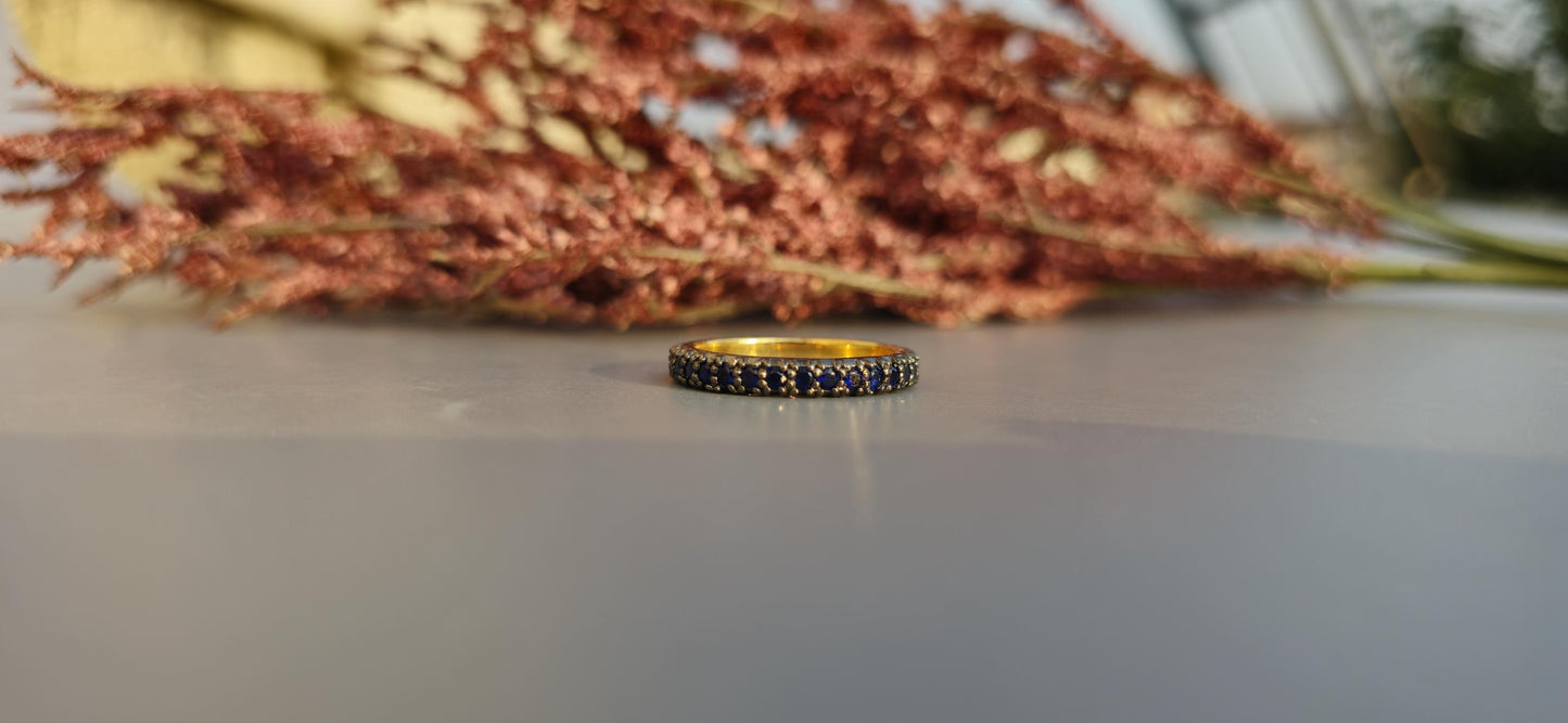 Lab grown Blue Sapphire Georgian Cut-Down Blackened Gold eternity band, also available in half eternity, wedding band for women