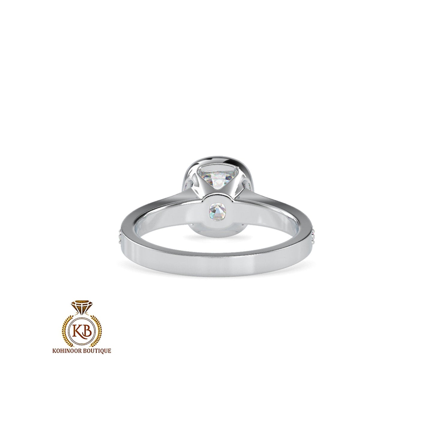 Elongated Cushion Cut Bezel Set Classic Solitaire with open gallery and side pave Moissanite Engagement ring. Ring for her, ring for women.