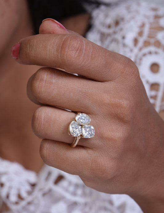 Oval Pear and Cushion Trilogy moissanite 3 stone Engagement Ring, Ring for her, Gift for Her, Right hand ring