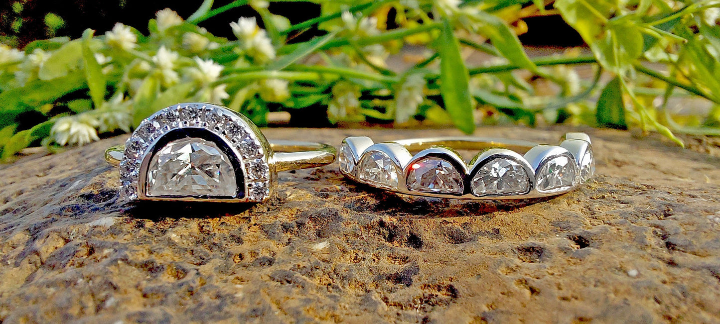 Half Moon Moissanite halo Engagement ring with Half moon Wedding band,Modern Bridal Ring Set,Ring for her,Gift for women,Half moon lace band