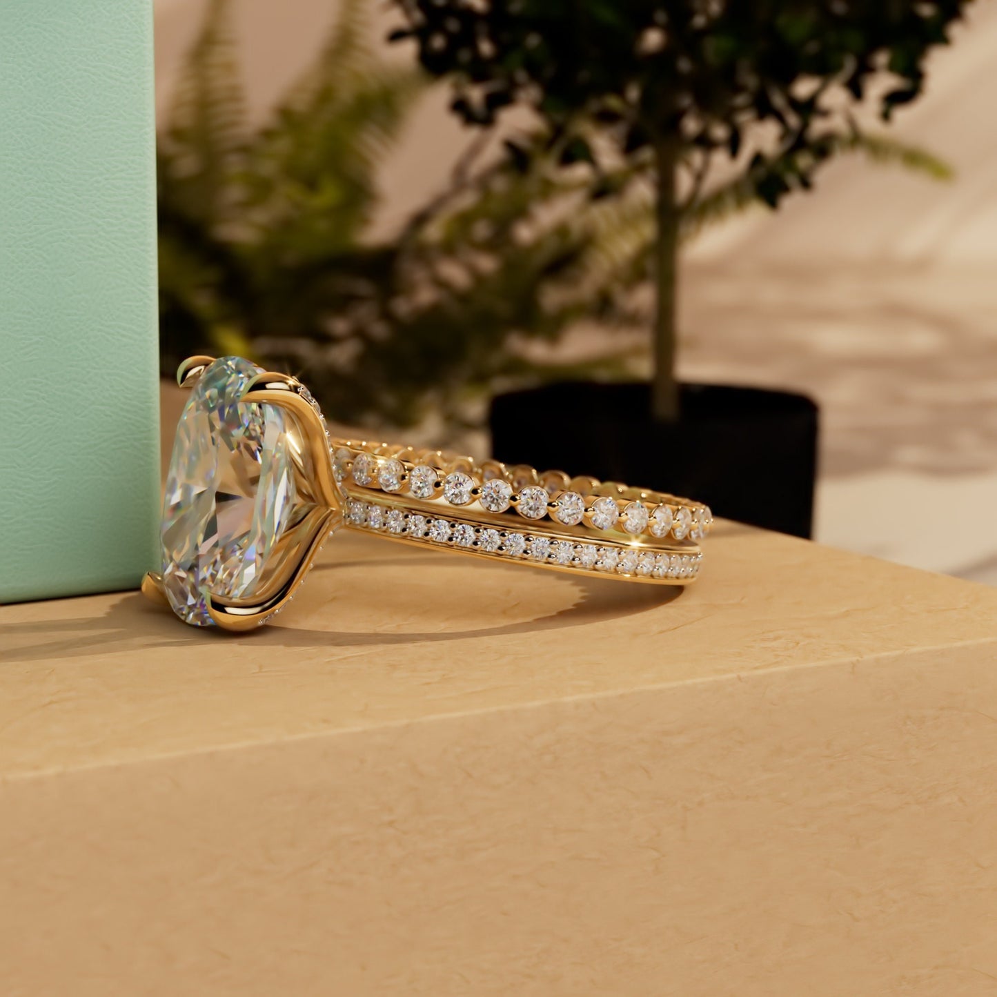 Elongated Cushion Cut Pave Basket Moissanite Engagement Ring, Wedding Bridal Set, Anniversary gift for wife, Ring for women