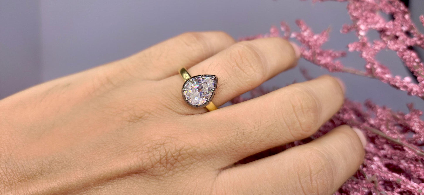 Ready to ship Old Mine Cut Pear Moissanite Collet set Ring US 6 size, =Georgian cut down set in silver with gold polish and blackened gold