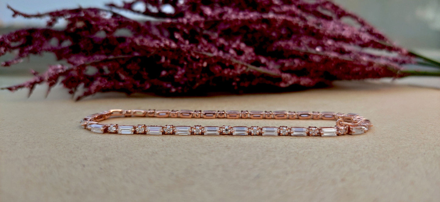 Ready to ship Moissanite Baguette & Round Tennis Bracelet in 7 inch size and in 10k rose gold, Birthday Gift for girls\women