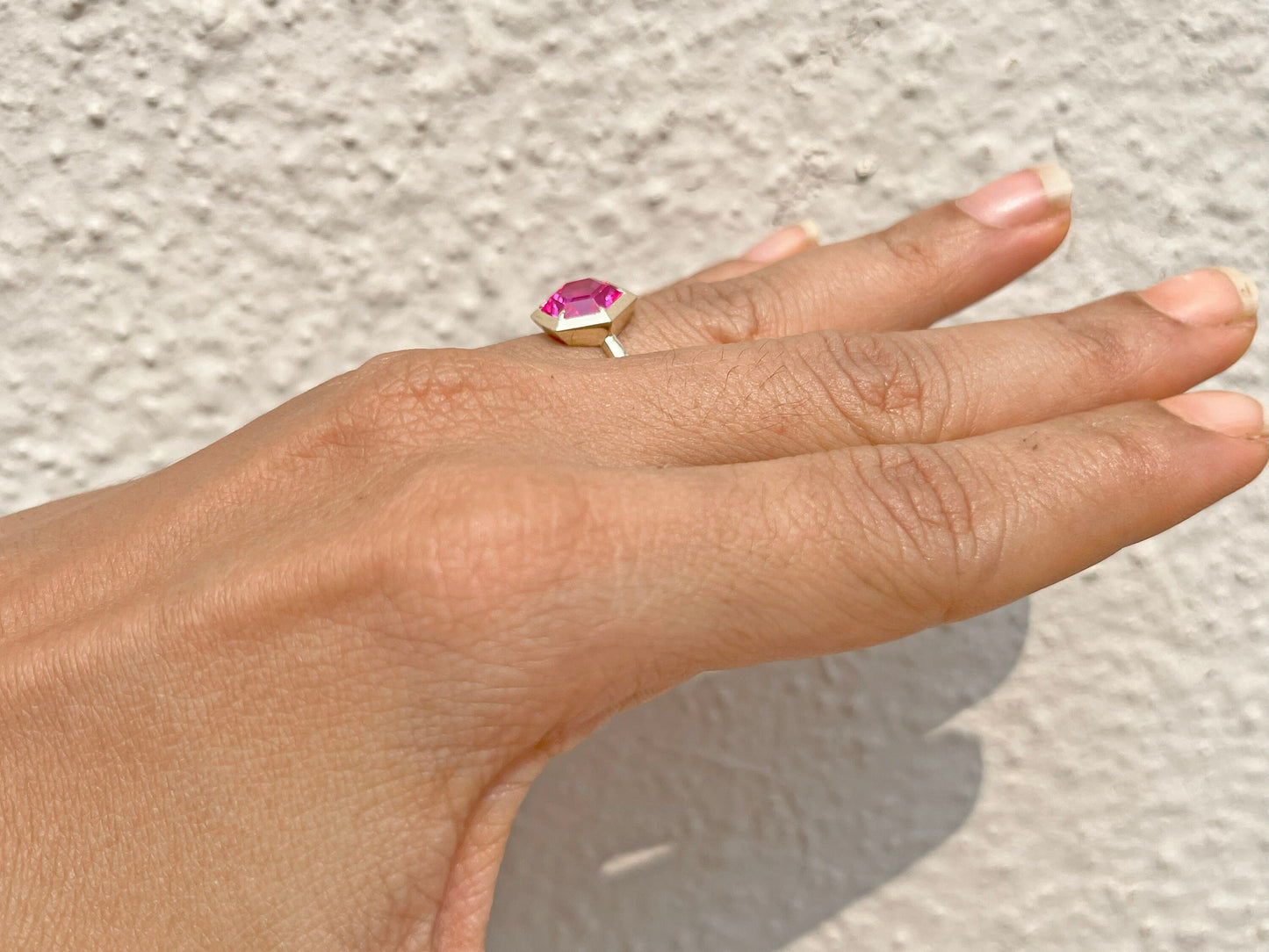 Pink Lab Sapphire Hexagon shaped Bezel set Georgian cut down set Solitaire Engagement ring Promise Ring for Modern Brides, ring for her