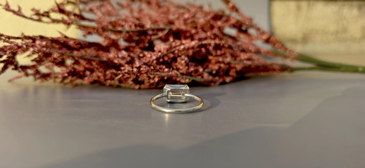 Lab grown East West set Elongated Emerald Cut Georgian cut down button back solitaire engagement ring, ring for her, ring for women