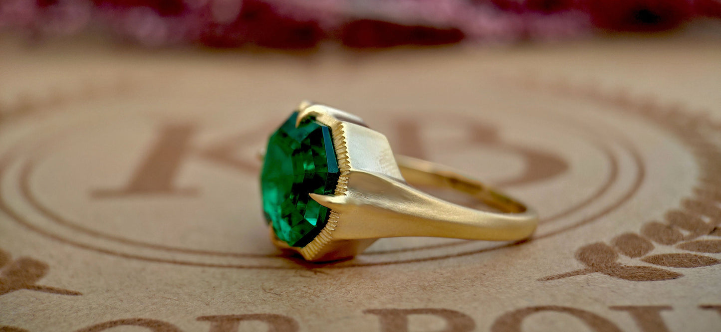 Lab Emerald Georgian cut down Compass prongs set Knife edge Signet Solitaire pinky finger ring in matt\Glossy finish, Ring for her\Women