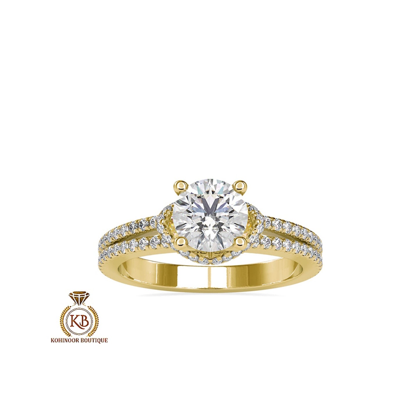 Round Solitaire with side U cut double pave with collar , plunge halo Moissanite Engagement ring, rings for women, ring for her.