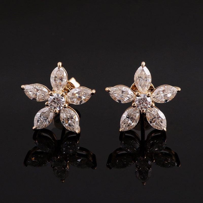 Marquise Cut Flower Petal Moissanite Stud Earrings, Moissanite Wedding Earrings, Push Back Earrings, Anniversary Gift, Mother's Day Gift