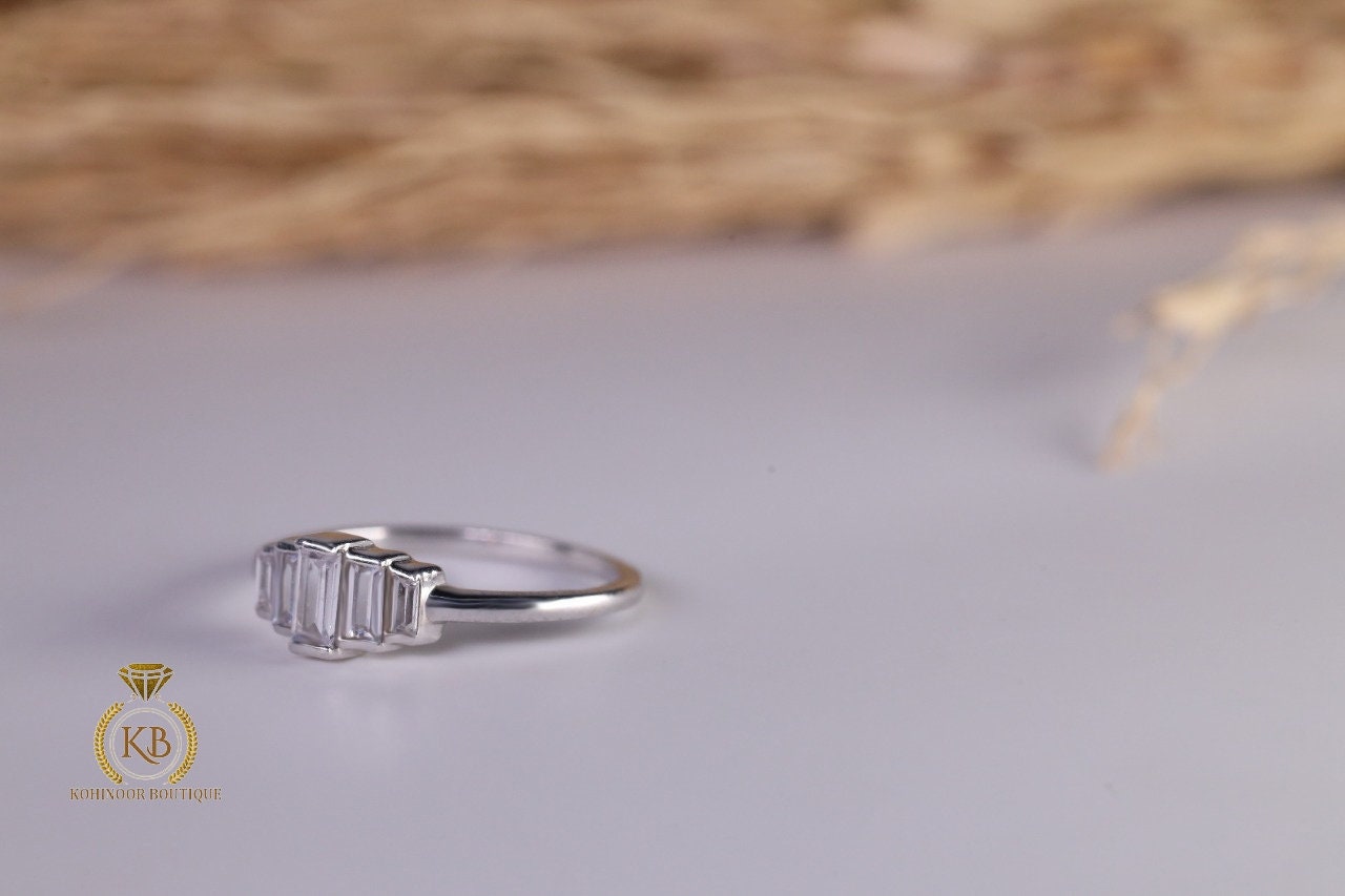 5 Graduating half bezel set Baguette Moissanite anniversary ring, 5 stone engagement ring, ring for her, gift for women.