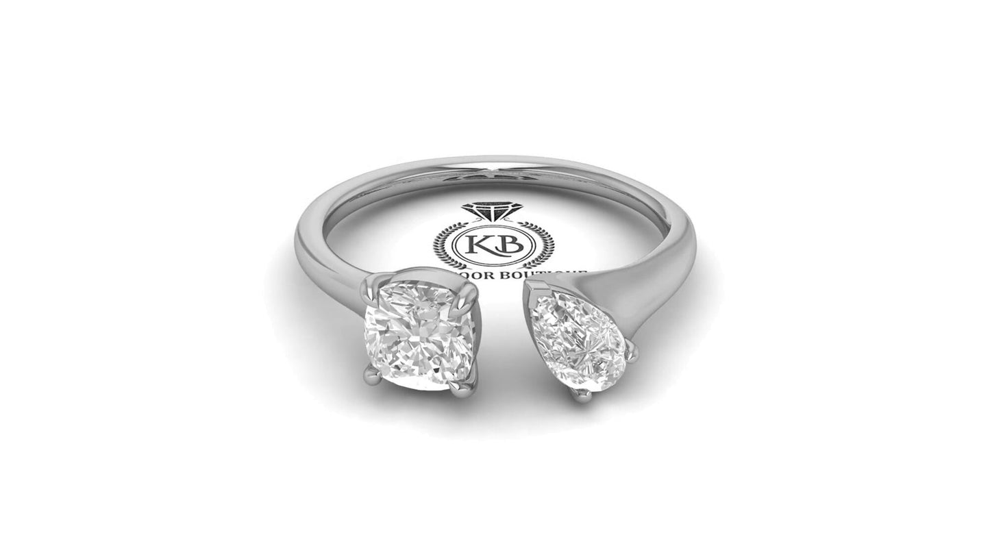 Cushion & Pear Cut Toi Et Moi  colorless moissanite two stone Engagement\wedding\promise\proposal ring, gift for her