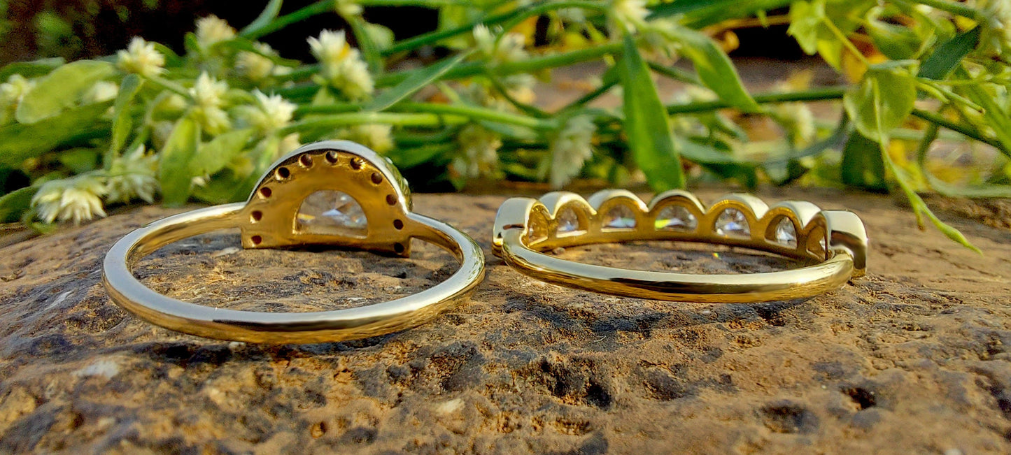 Half Moon Moissanite halo Engagement ring with Half moon Wedding band,Modern Bridal Ring Set,Ring for her,Gift for women,Half moon lace band