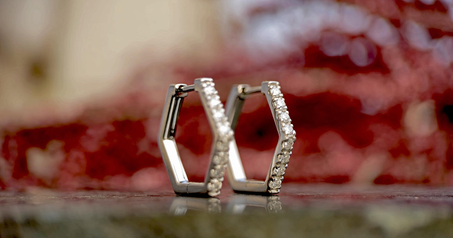 Pavé Hexagon Moissanite Hoops earrings, Statement earrings available in Silver, 18k\14k\10k White\Yellow\Rose Gold and Platinum