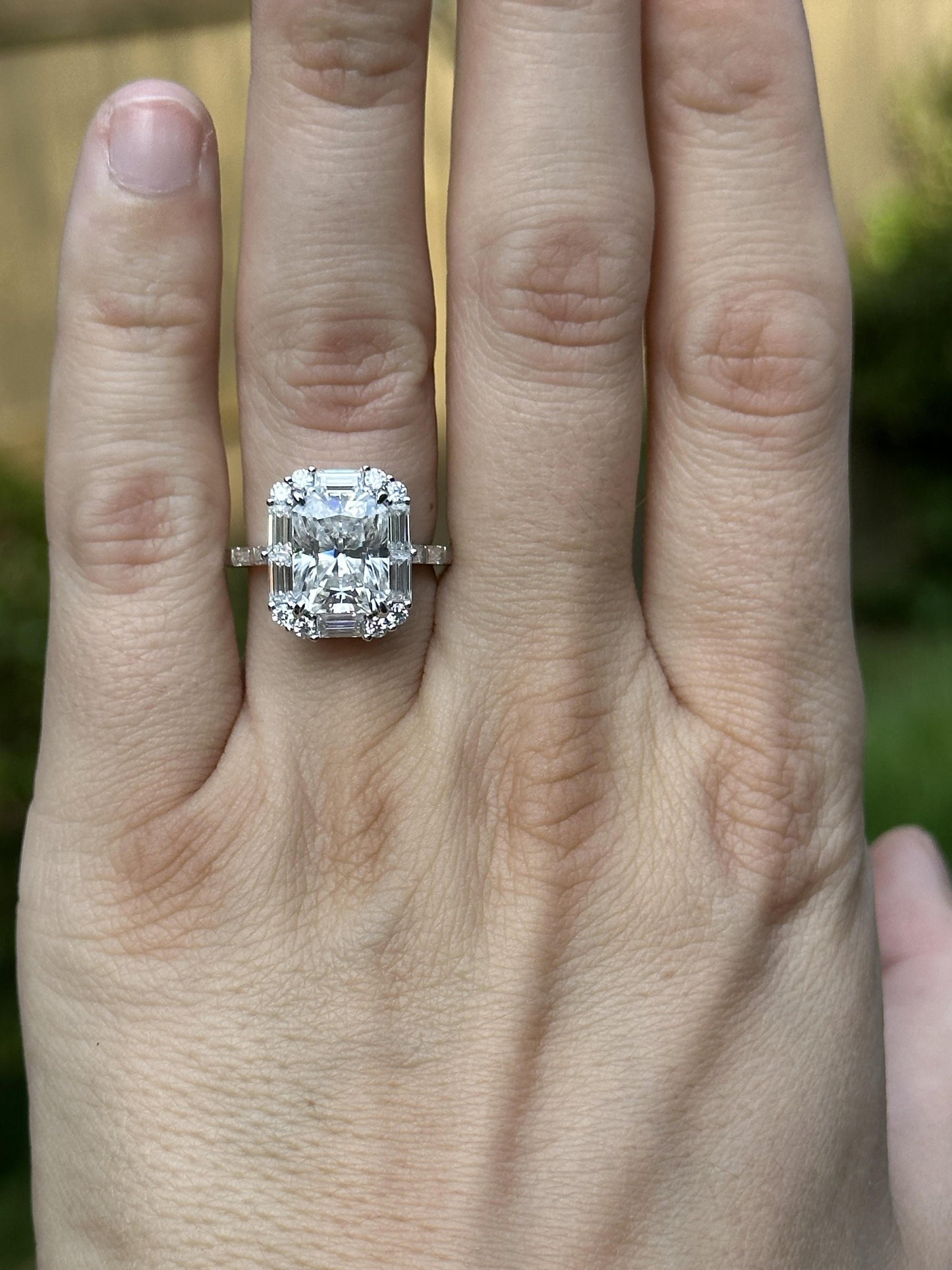 Radiant Cut Moissanite with Baguette Halo and baguette pave band Engagement Ring, ring for women, ring for her, right hand ring