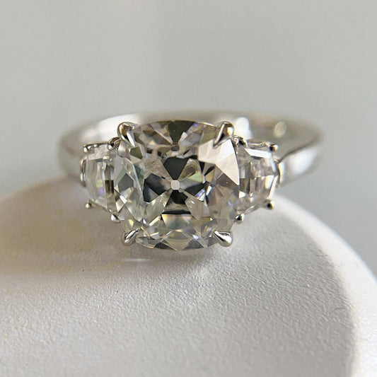 Old mine cut OMC Cushion and Cadillac cut 3 stone Moissanite Engagement Ring, Wedding anniversary gift for wife