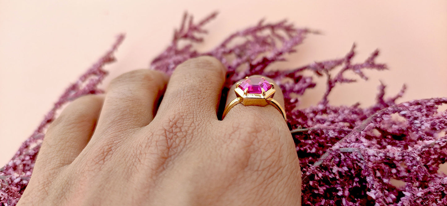 Pink Lab Sapphire Hexagon shaped Bezel set Georgian cut down set Solitaire Engagement ring Promise Ring for Modern Brides, ring for her