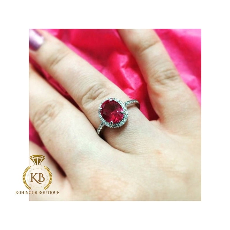 Lab grown Oval Rose Cut Ruby & Round Moissanite halo with side pave Engagement Ring, Rings for women.