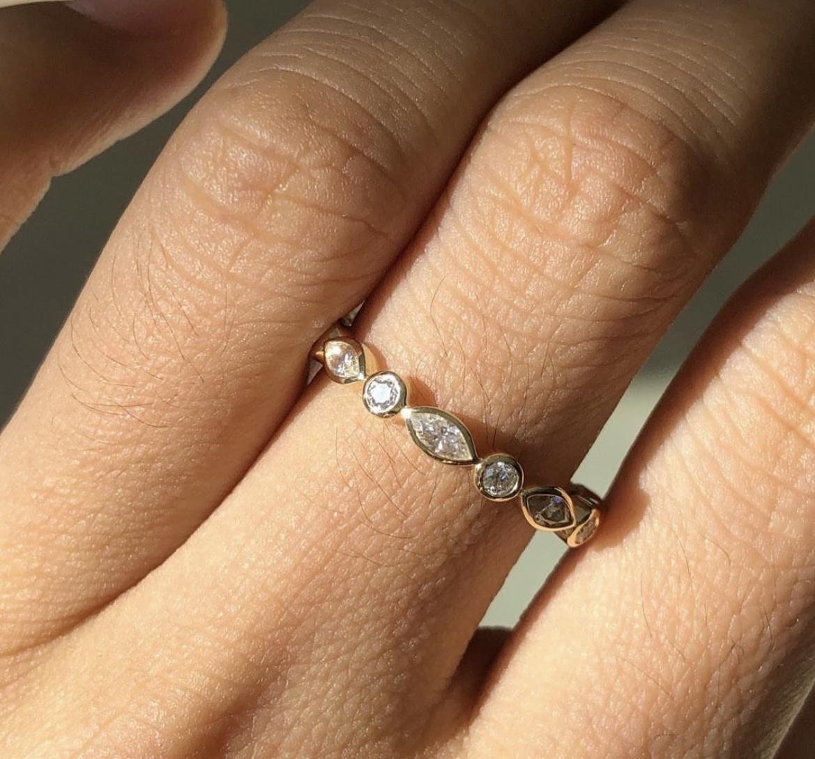 Marquise and Round Bezel Set Moissanite wedding band, stackable minimalist ring, Full Eternity Ring, wedding gift, anniversary gift for wife