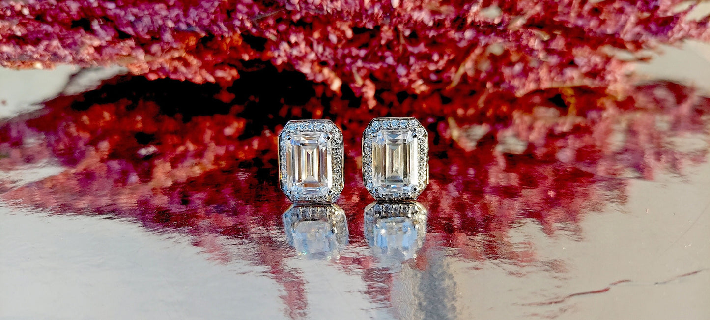 Emerald Cut Solitaire Moissanite Halo Stud Earrings,Moissanite Wedding Earrings,Push\Push Back Earrings,Anniversary Mother's Day Gift