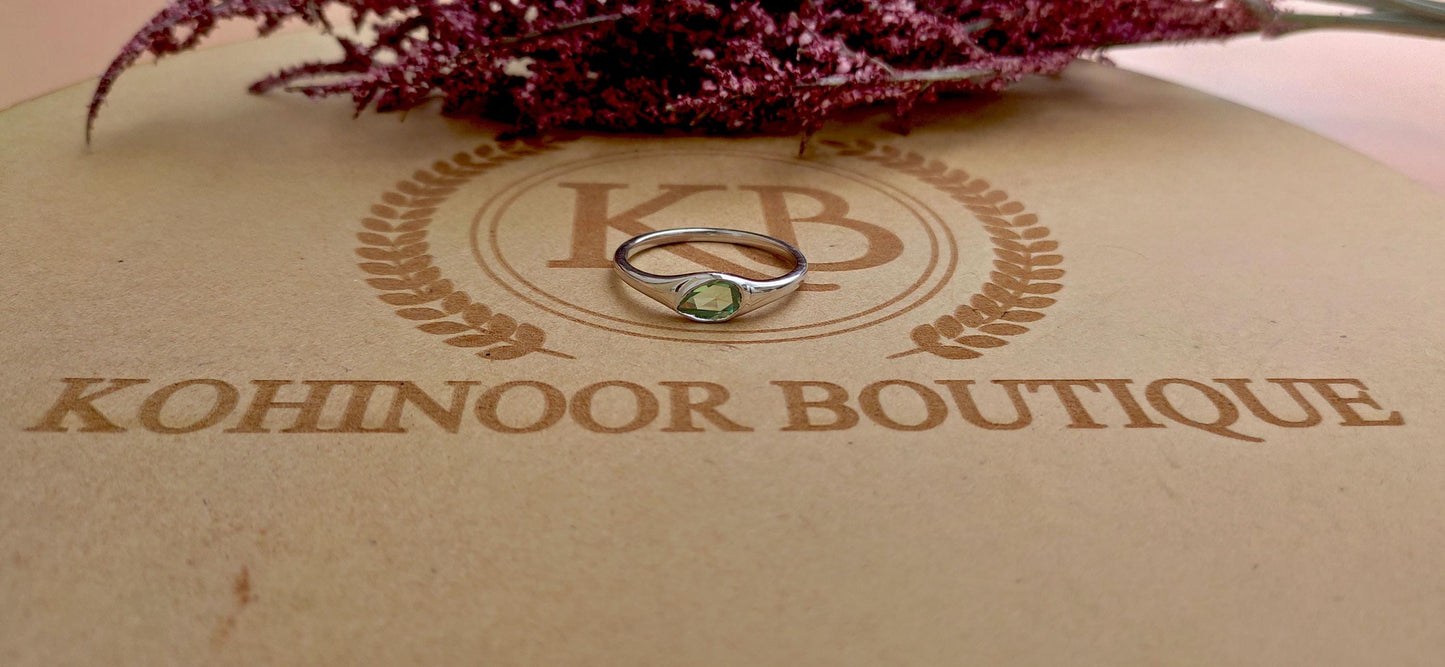 Green Rose Cut Pear Moissanite Signet ring, Gypsy Flush Set engagement proposal ring, Ring for her, low profile set ring, Ring for women