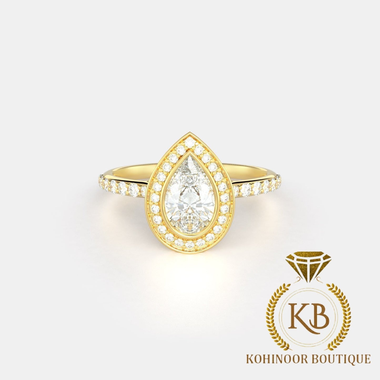 Pear Cut Moissanite Halo solitaire with side pave cross over shank engagement ring, low profile ring for women, gift for wife.