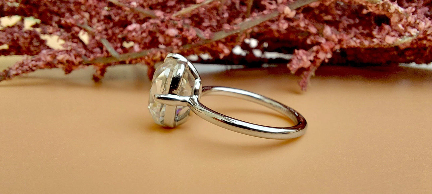 Old Mine Cut OMC Elongated Cushion Cut Moissanite Compass prong Basket set Engagement Ring, Antique moissanite Ring, Proposal ring.