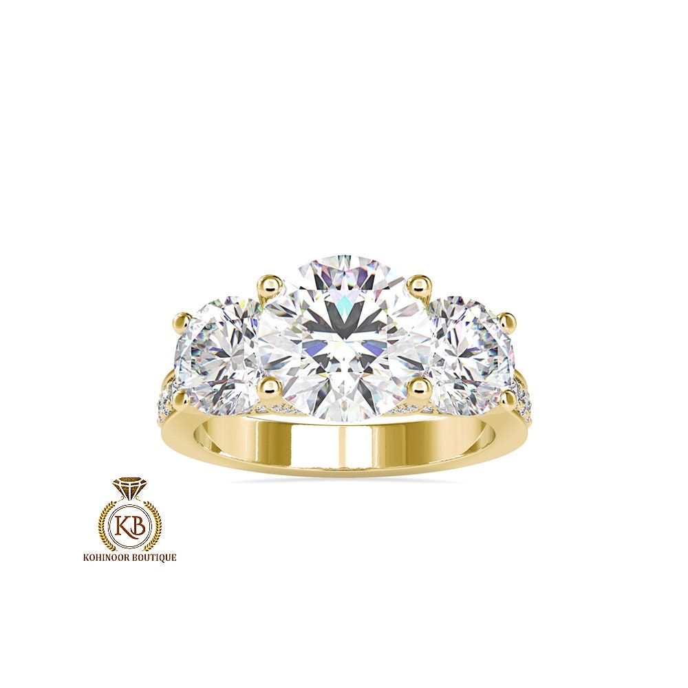 Round Cut 3 stone trellis set with side and front pave Moissanite Engagement ring, ring for women, high profile cathedral set ring